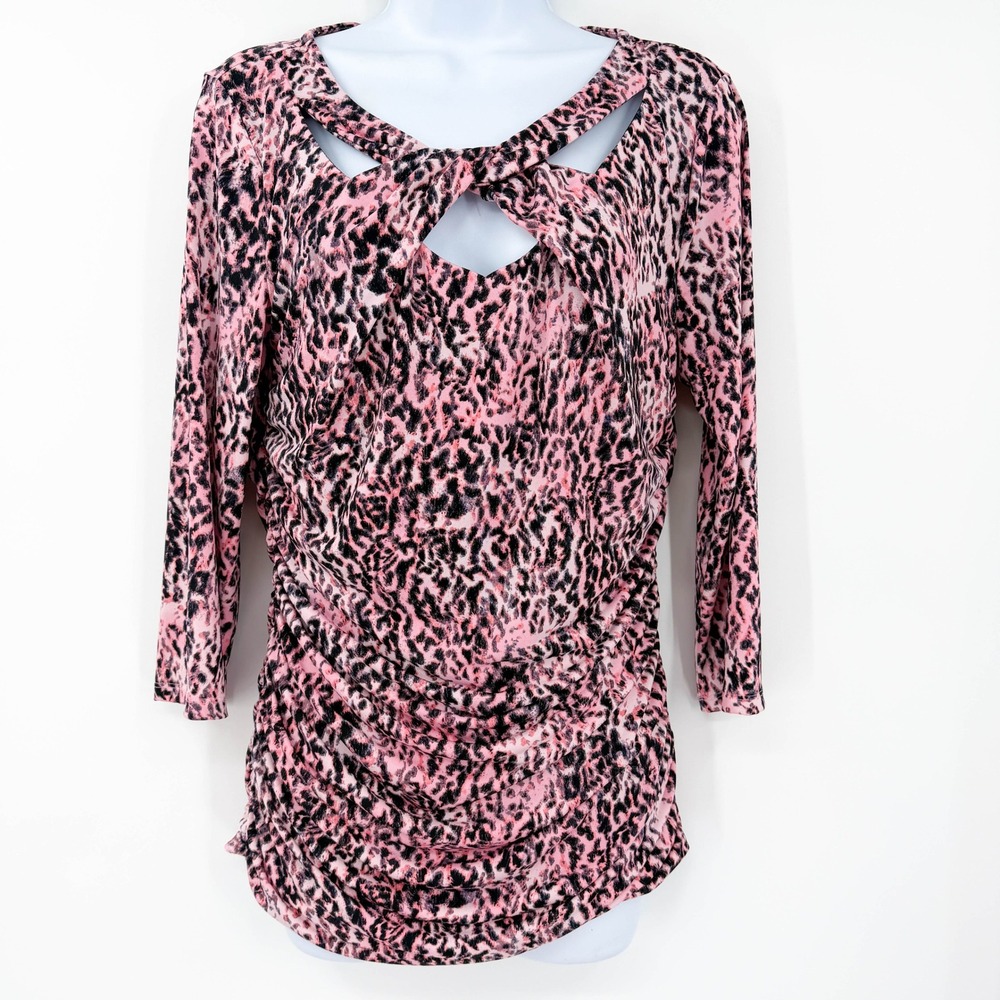 Jennifer Lopez Pink Leopard Print Cutout Neck Ruched Top Womens‎ L Long Sleeve